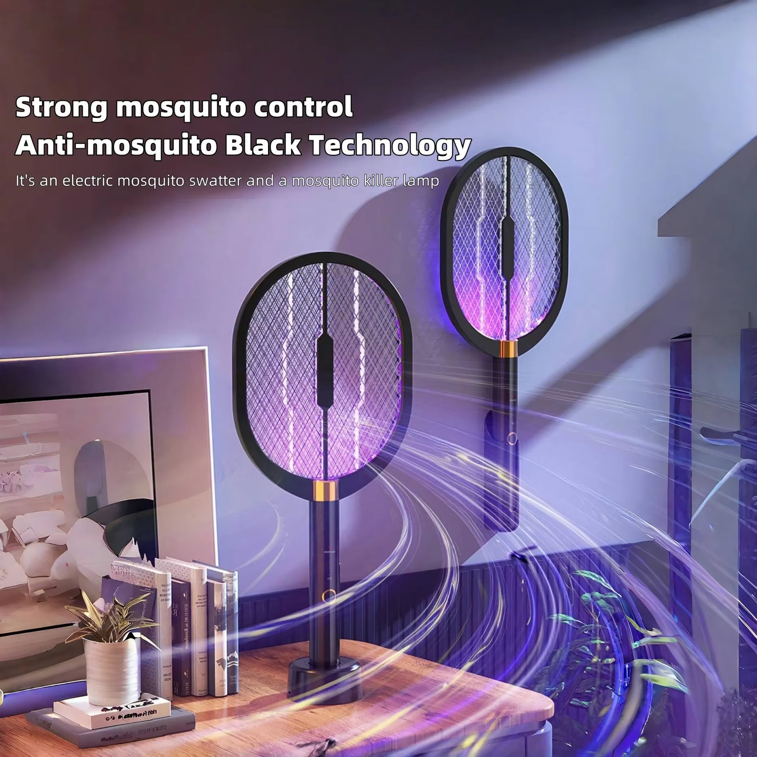 2-In-1 Electric Mosquito Swatter with USB Charging Base, Powerful Bug Zapper Racket with 3-Layer Safety Net